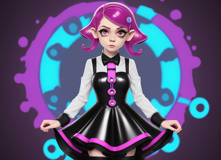 AI generated: octoling girl, Splatoon, magician's assistant, hypnotized, formal female dress, latex