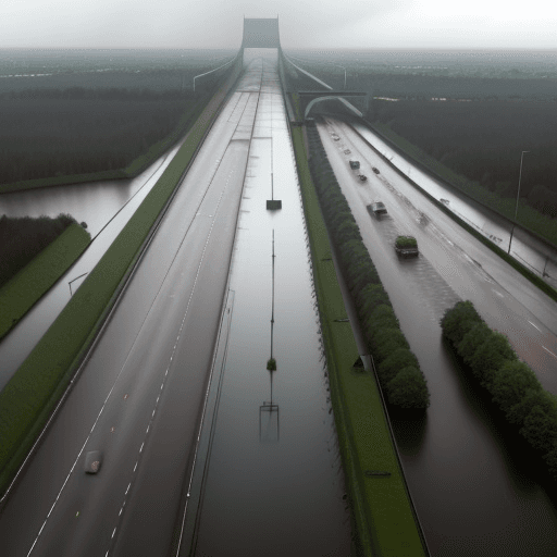 AI generated: Comparison of two highways in the Netherlands with extreme heavy showers. One road is blocked becaus...