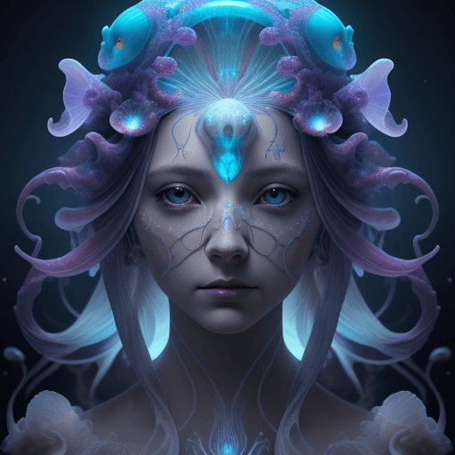 AI generated: Goddess close-up portrait ribcagel. jellyfish phoenix head, nautilus, orchid, skull, betta fish, bio...