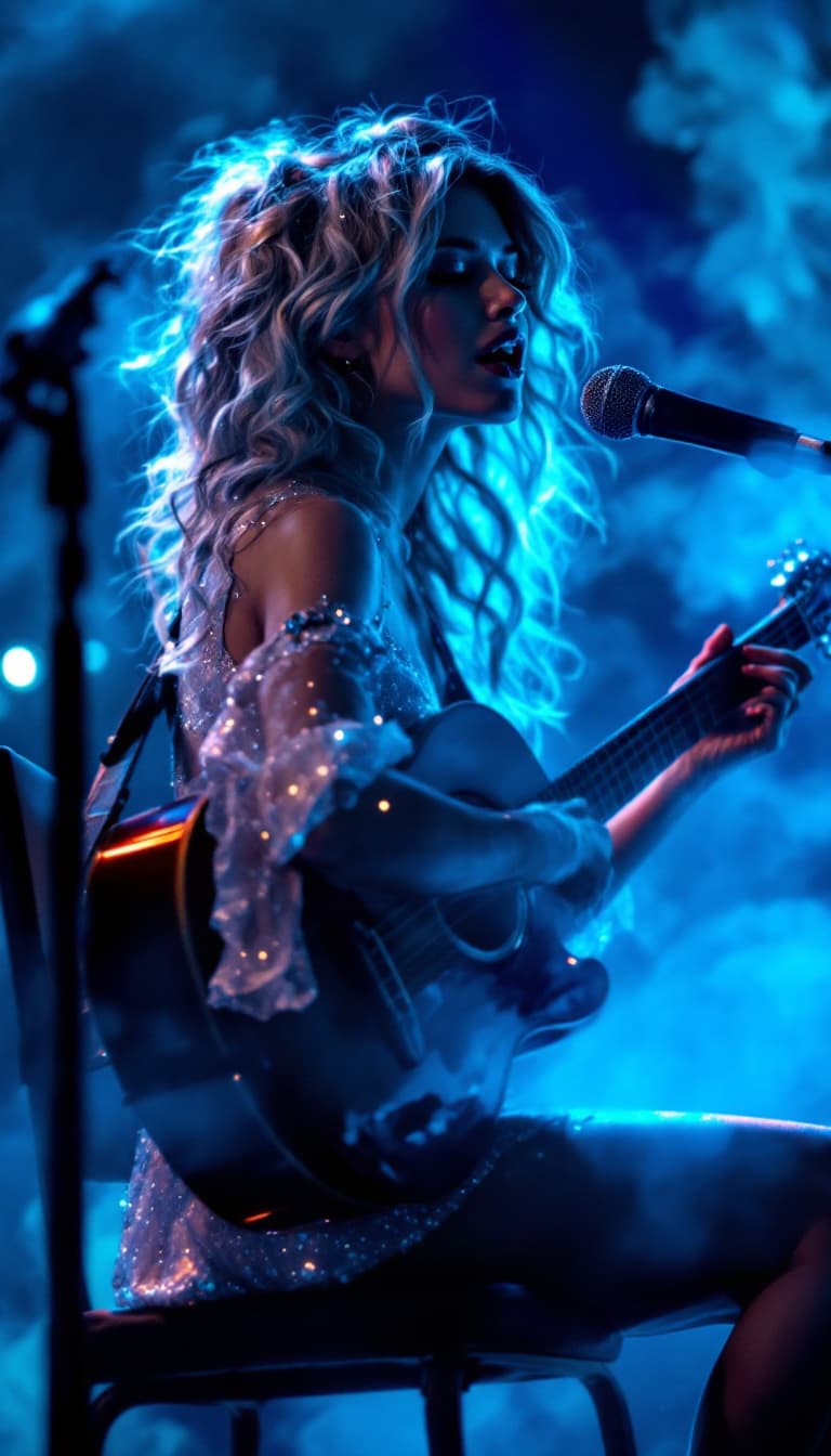 AI generated: A realistic close-up of a glamorous girl with glowing skin, short glitter dress, sitting sideways on...