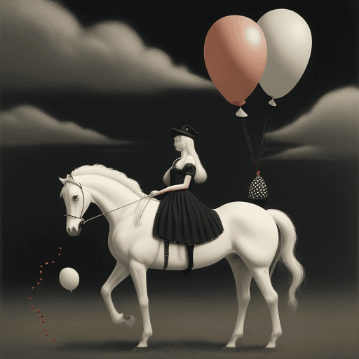 AI generated: The lady with long hair, red ballons and her white horse with black dots, Gertrude Abercrombie art s...
