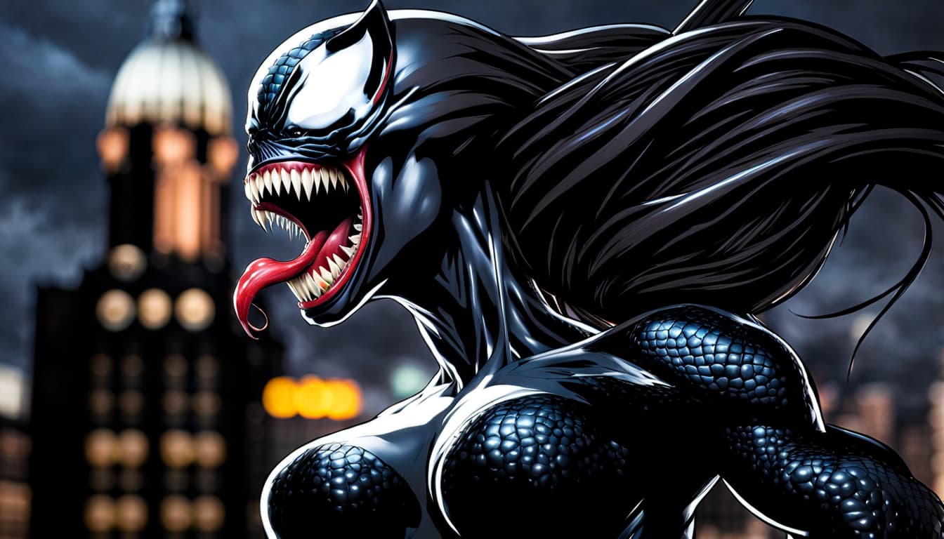 AI generated: CG unity wallpaper , dramatic scene, side view close-up, lady Venom, pain and extasy, mouth open and...