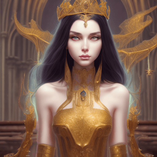 AI generated:  4k fantasy art, black haired woman with green eyes, with a golden crown in the hair, jewels in the ...