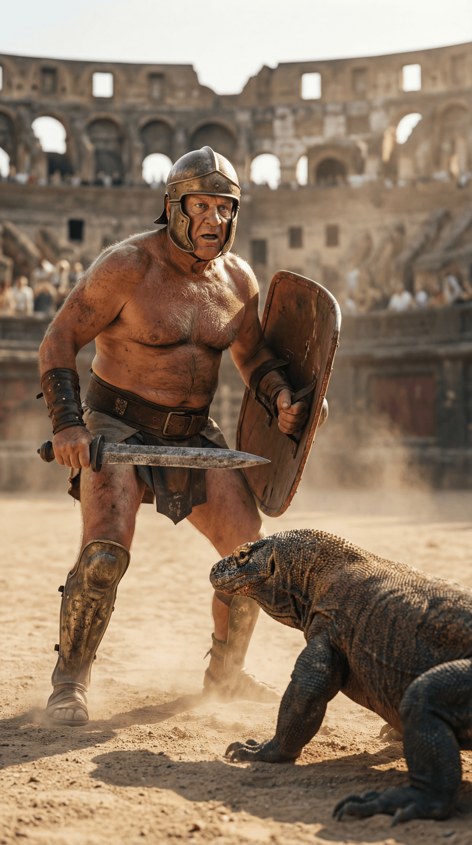 AI generated: Ultra-realistic documentary-style action photography inside the Roman Colosseum, bathed in warm gold...
