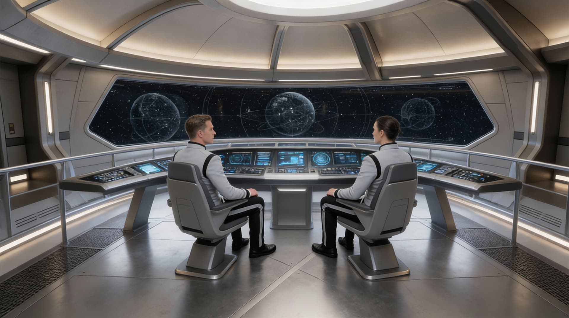 AI generated: 
Create a Sci-Fi scene. Place the two characters in Reference image 2 in the two forward chairs on t...