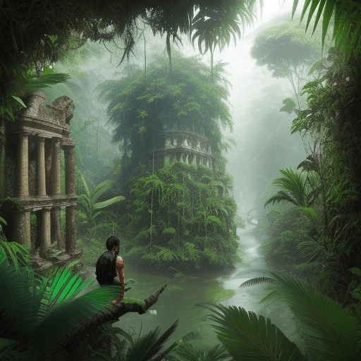AI generated: Jungle adventure, Adventurers navigating dense rainforests filled with exotic creatures, Ancient rui...