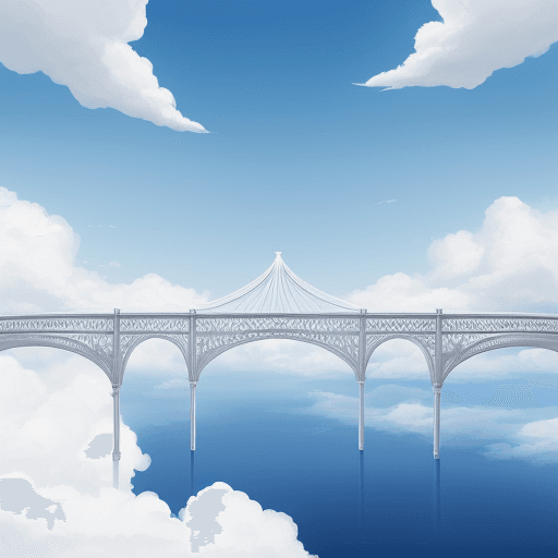 AI generated: huge white gold bridge beyond peace blue sky cloud background nothing else no green





