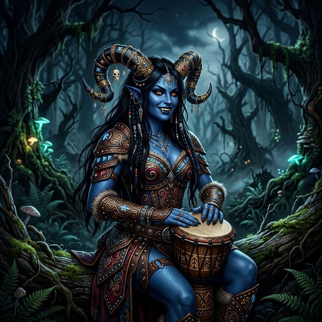 AI generated: a beautiful female demon with blue skin and black hair, ornately decorated devil horns and wearing i...