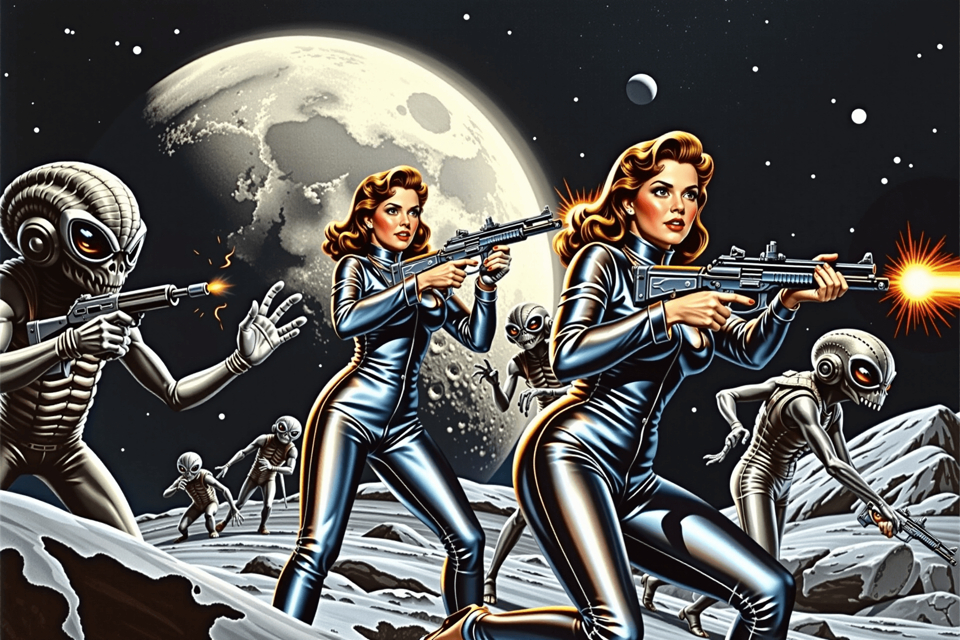 AI generated: lunar battle scene in 50s retro sci-fi style, chrome rayguns, women in shiny tight space suits, gogg...