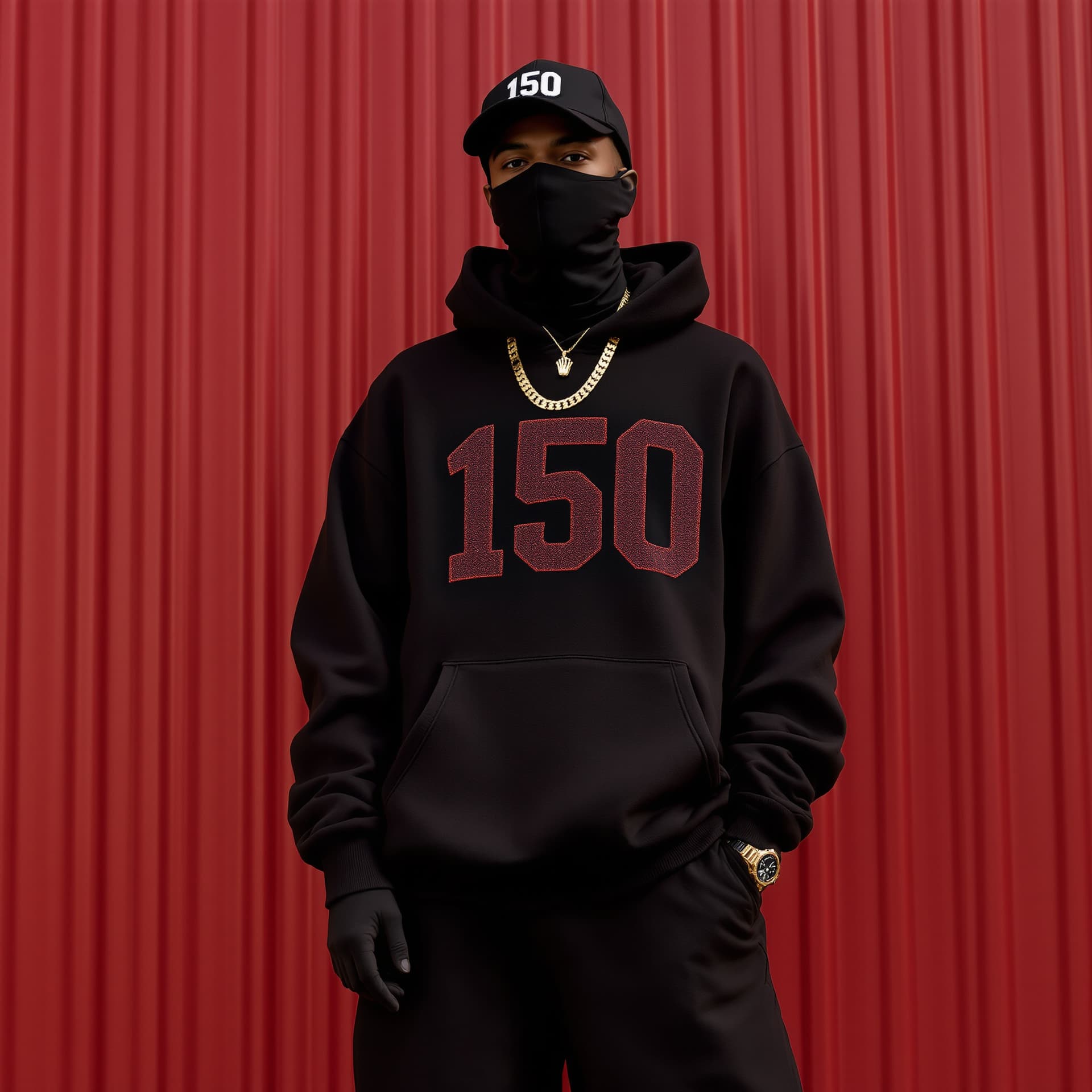 AI generated: HOODIE ON AND MILITARY FACEMASK MEN WEARING GOLD DIAMOND CHAIN ON NECK AND WEARING A DIAMOND ROLEX W...