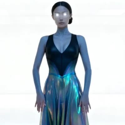 AI generated video: Futuristic minimalist white chamber. A calm artificial woman with glowing white eyes stands centered...