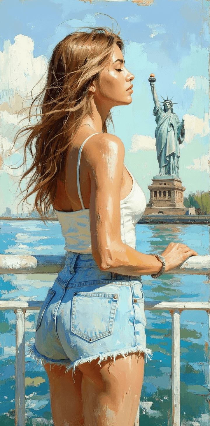 AI generated: a painting of a woman on the Manhattan ferry boat ride, wearing jeans short and a tank top, looking ...