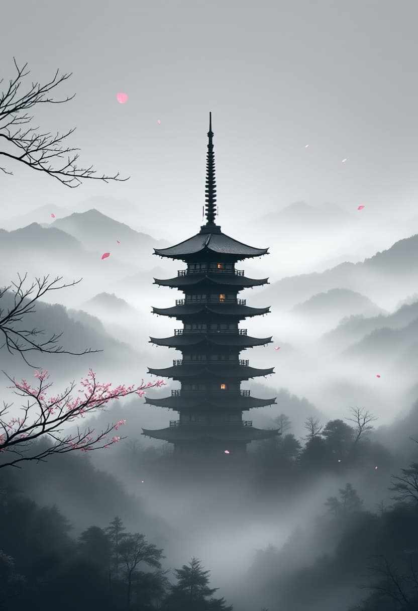 AI generated: Traditional Japanese pagoda standing tall in a foggy mountain valley, centered mid-range view. Dense...