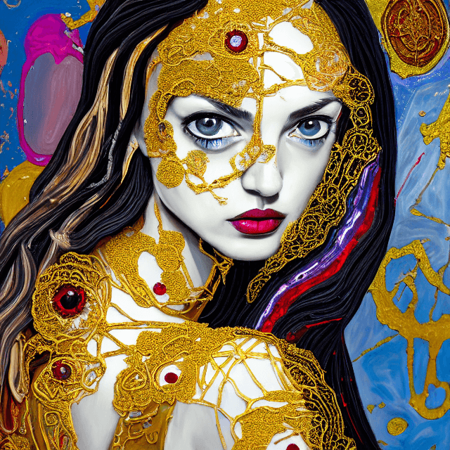 AI generated: Oil painting, high resolution 8k, Pollock master painter, Byzantine artwork, 
young lady close up bl...