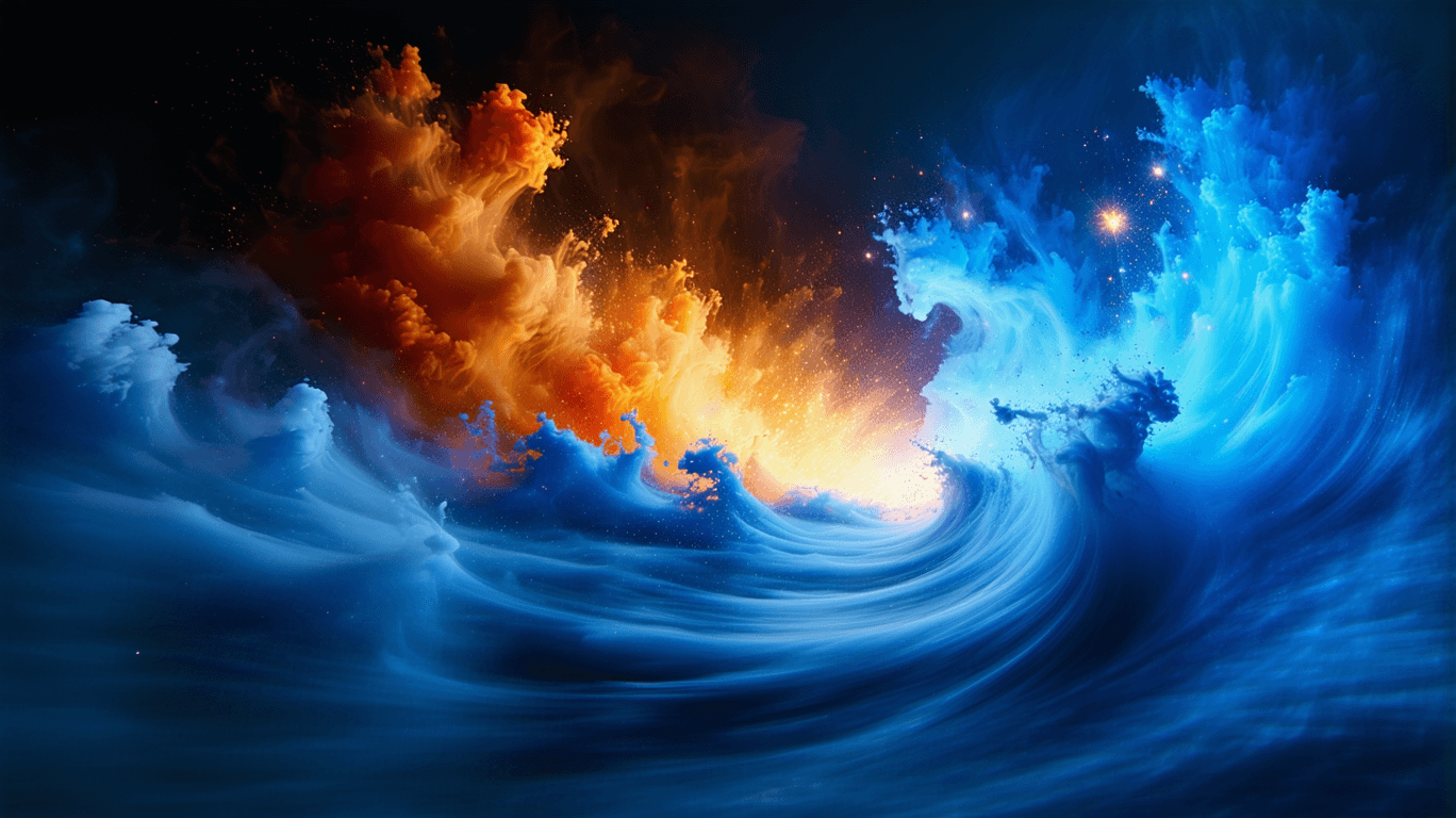 AI generated: A dynamic clash of colors unfolds as swirling formations of deep blue and vibrant orange seem to col...