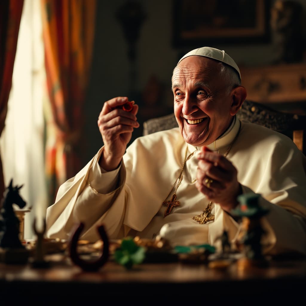 AI generated: A cinematic 16:9 shot of an elderly religious figure, resembling Pope Francis, sitting in a cozy, wa...