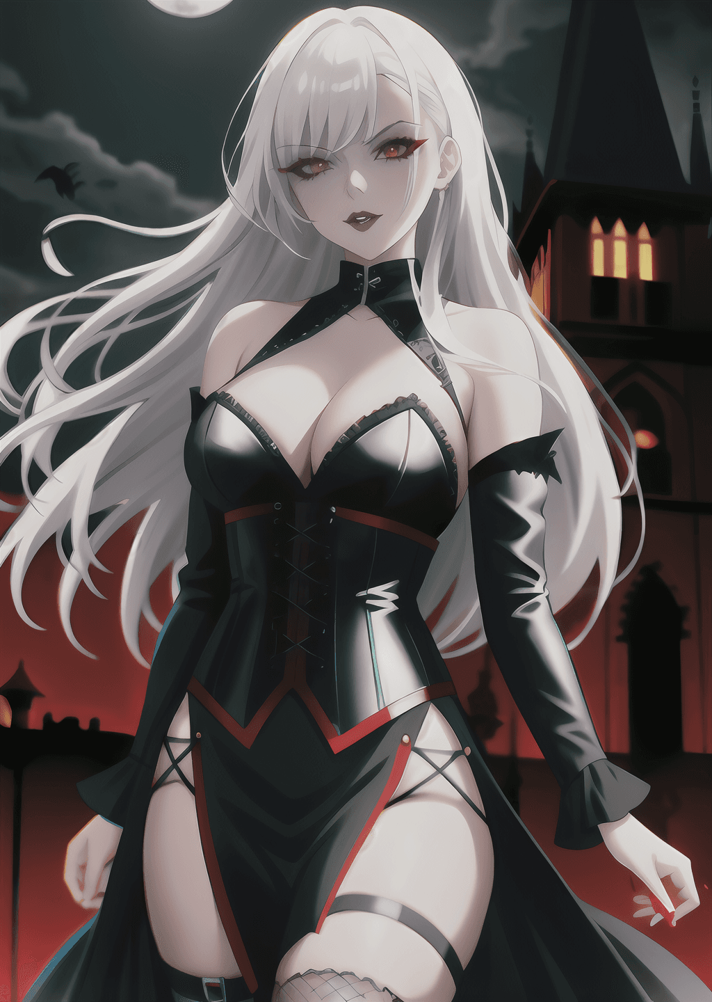 AI generated: girl vampire, platinum blond hair, black lipstick, black eyeliner, red eye shadow, medium length dar...