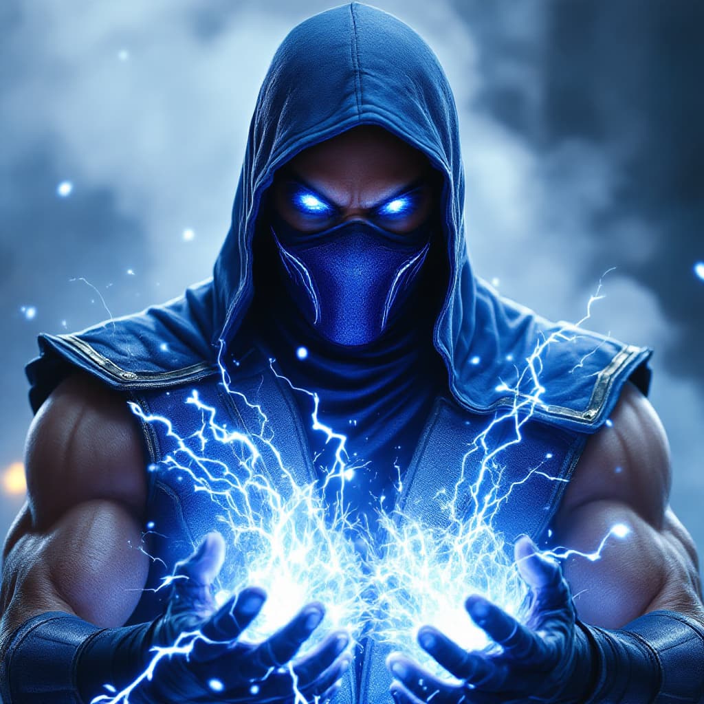 AI generated: Mortal kombat hero, blue subzero costume, eyes lightning, power in his hands, ice in the background,...