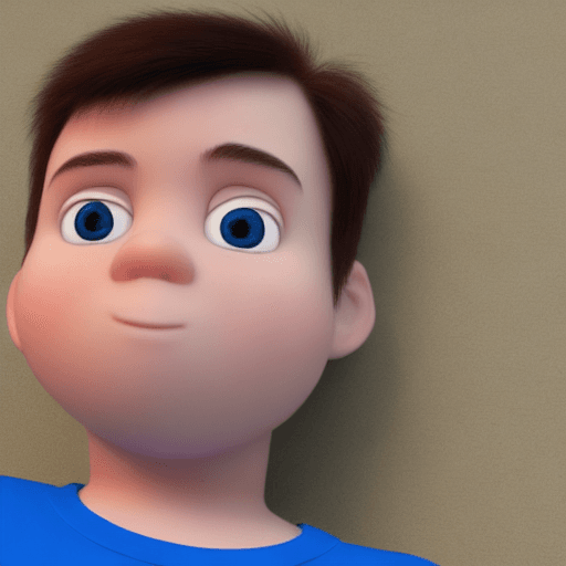 AI generated: a young man, baby face, wearing blue shirt, 3d animation, 3d pixar, chubby