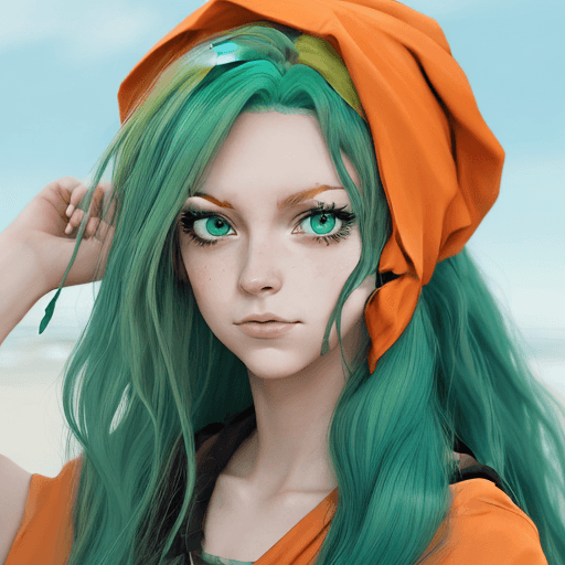AI generated: emie_mha,emiemhafx,orange bandana,anime,Seafoam green hair,dark green eyes,long hair
