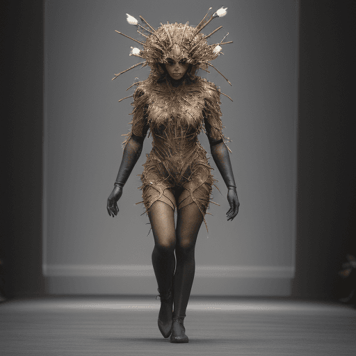 AI generated: A human model in costume that mimics nature infrastructure , 4K, The Runway of Human models , a virt...