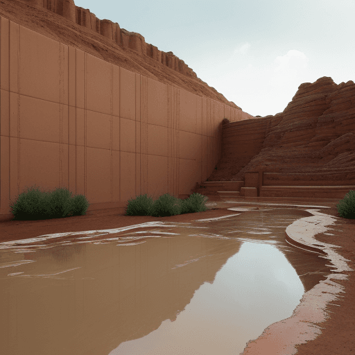 AI generated: An expansive clay pit with a mix of hardened layers and wet, glistening pools of smooth mud. The ear...