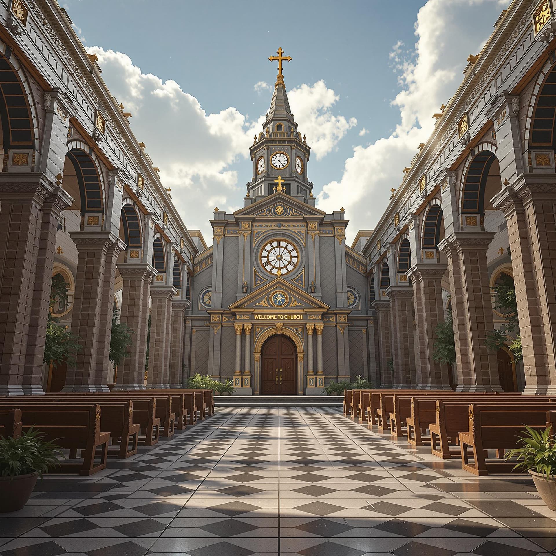 AI generated: design a backdrop with the context :Welcome to church: octane render, trending on artstation,t symme...