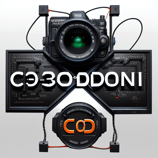 AI generated: logo of c0d3d_c0n71nG3n7, letters combined with cables, circuits, cameras, technology world