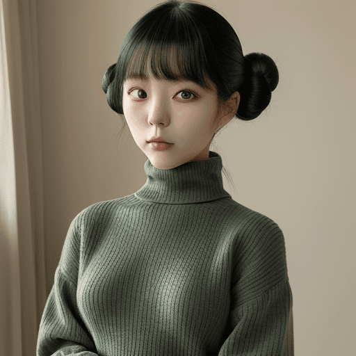 AI generated: a korean woman is wearing a black turtle neck sweater, in the style of light emerald and dark beige,...