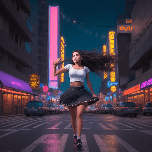 AI generated: Hyper realistic photo of young Latina girl skirt flying up  while walking. City back ground. Night t...