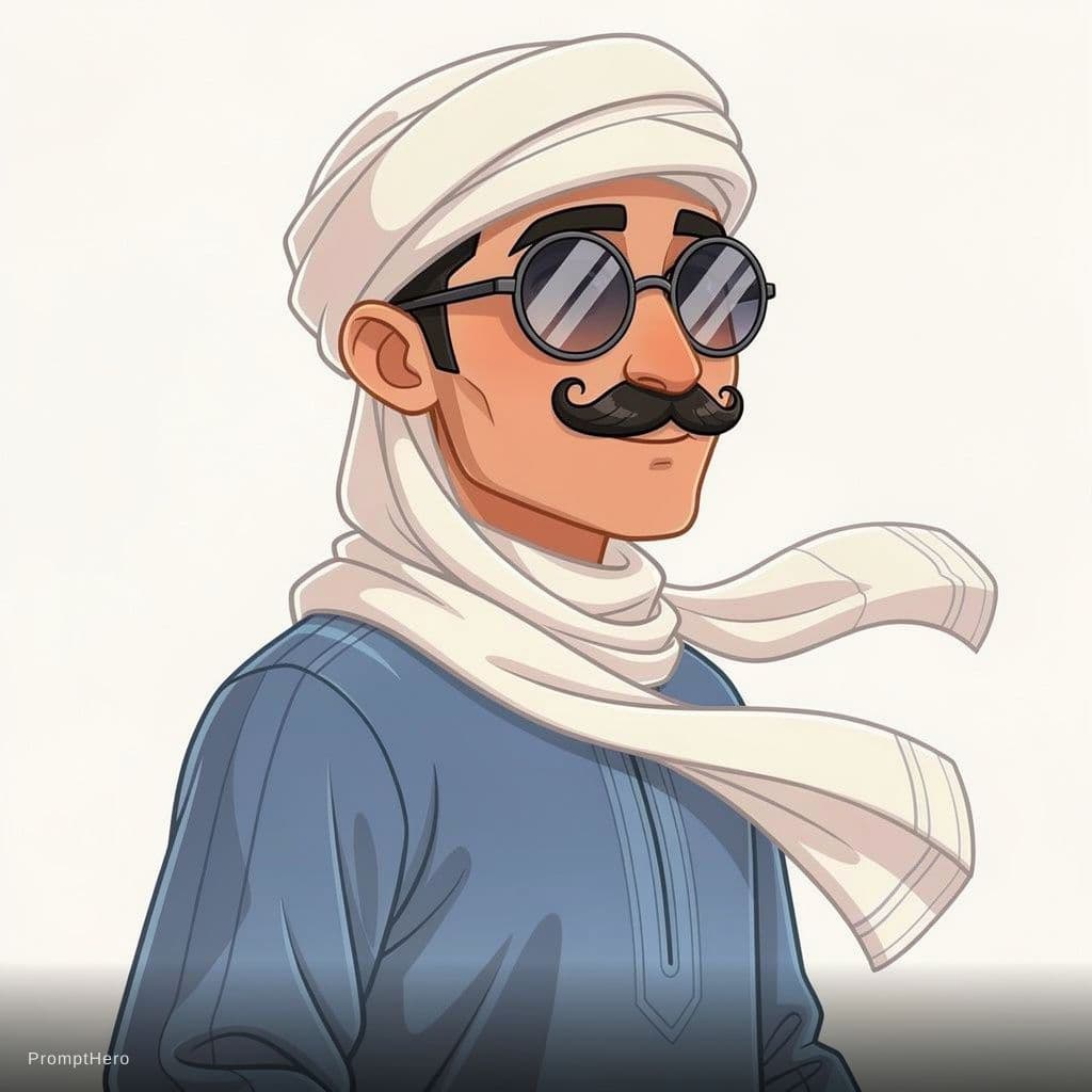 AI generated: Cartoon Sa’idi man, three-quarter view (right side dominant), slightly above camera angle, light whe...