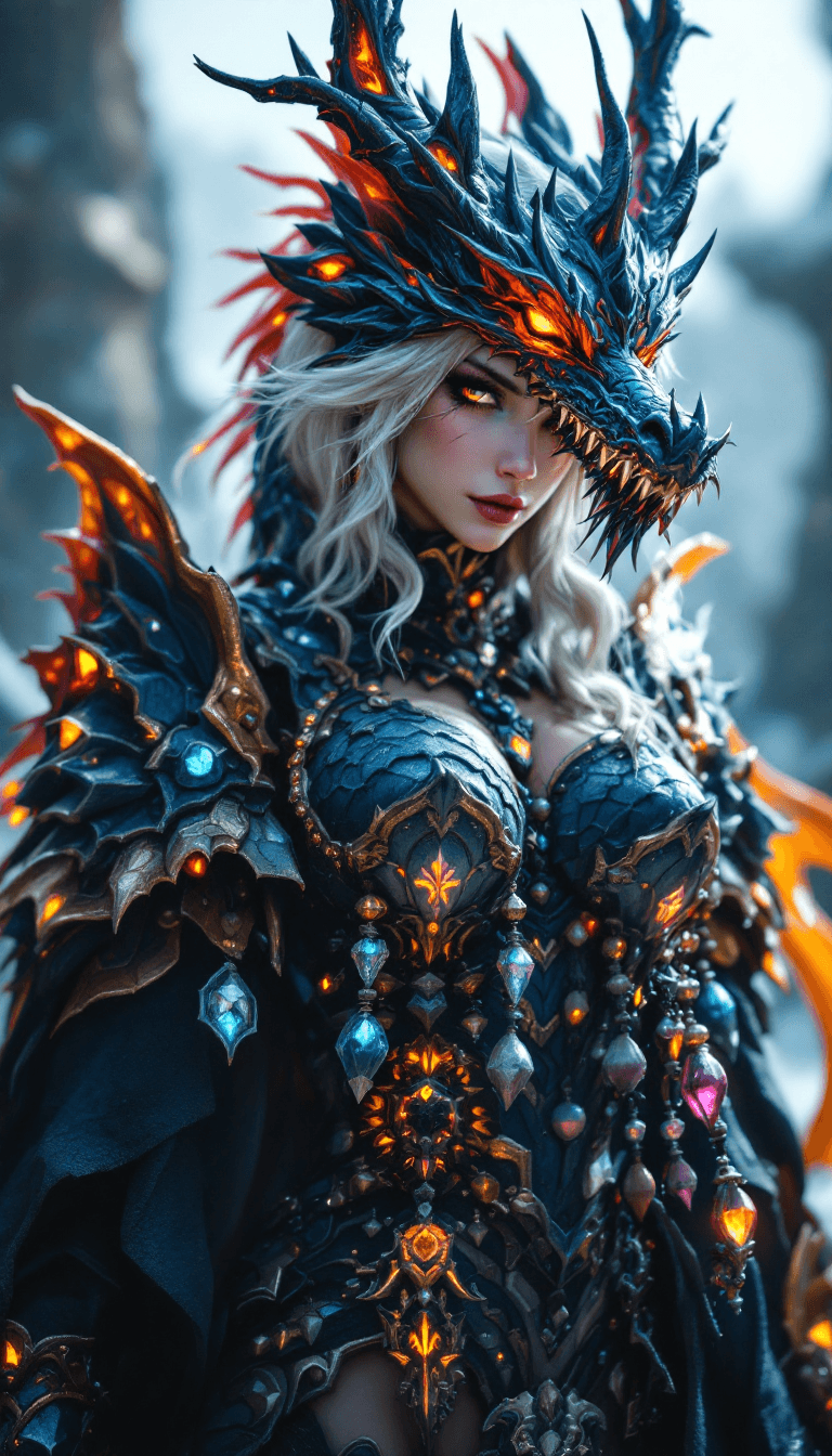 AI generated: final fantasy, perky skin. babe, fantasy big beautifull  dragon  armor with extrem many details and ...