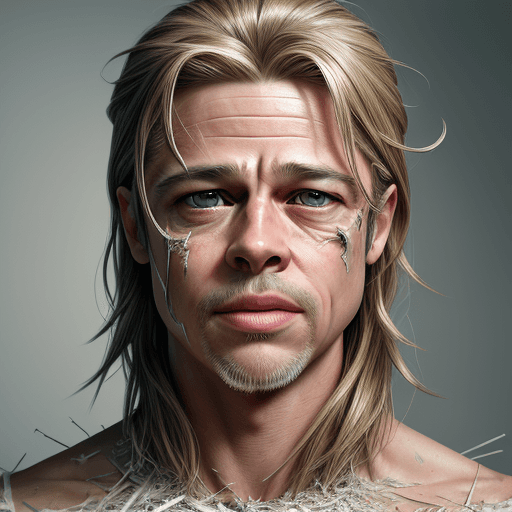 AI generated: pensive face made entirely of shredded clothes and glue,Brad Pitt face,face is slowly disintegrating...