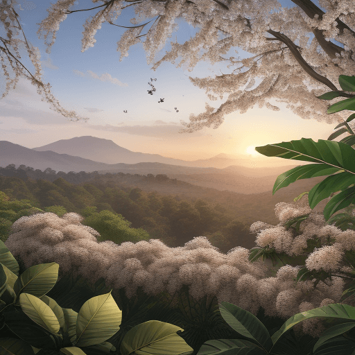 AI generated: Hyper realistic Coffea Arabica plant in bloom, overlooking rolling hills, dawn, soft sunlight, folia...