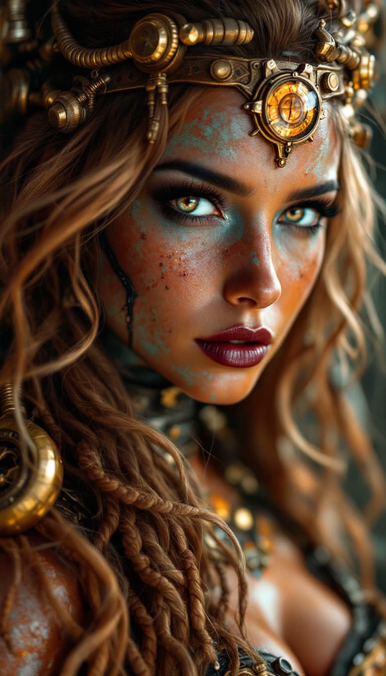 AI generated: Beautiful, long hair, woman with skin made entirely of weathered bronze texture, powerful look, copp...