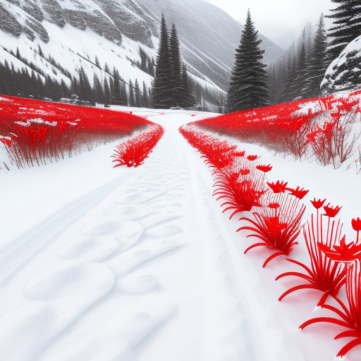 AI generated: Snow scenery, red flowers lilies, snow road, skeleton on the ground,