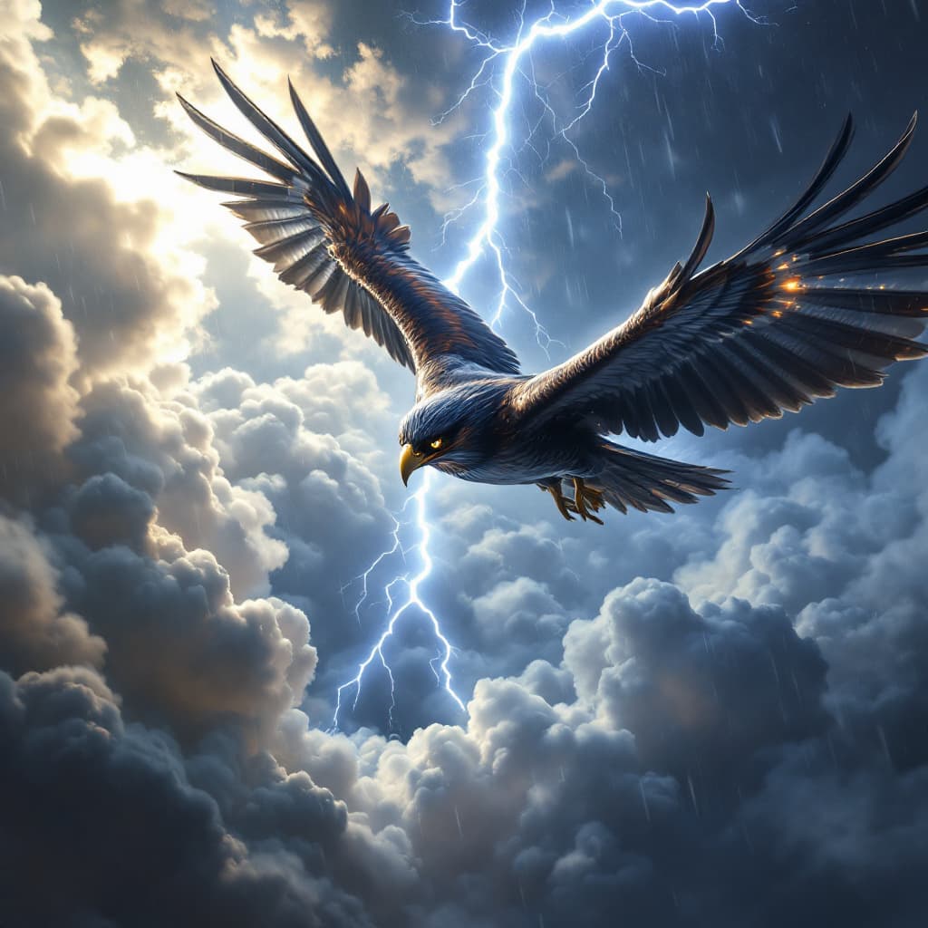 AI generated: Supersonic peregrin falcon in a dive through clouds, lightning and rain. Make it epic. 