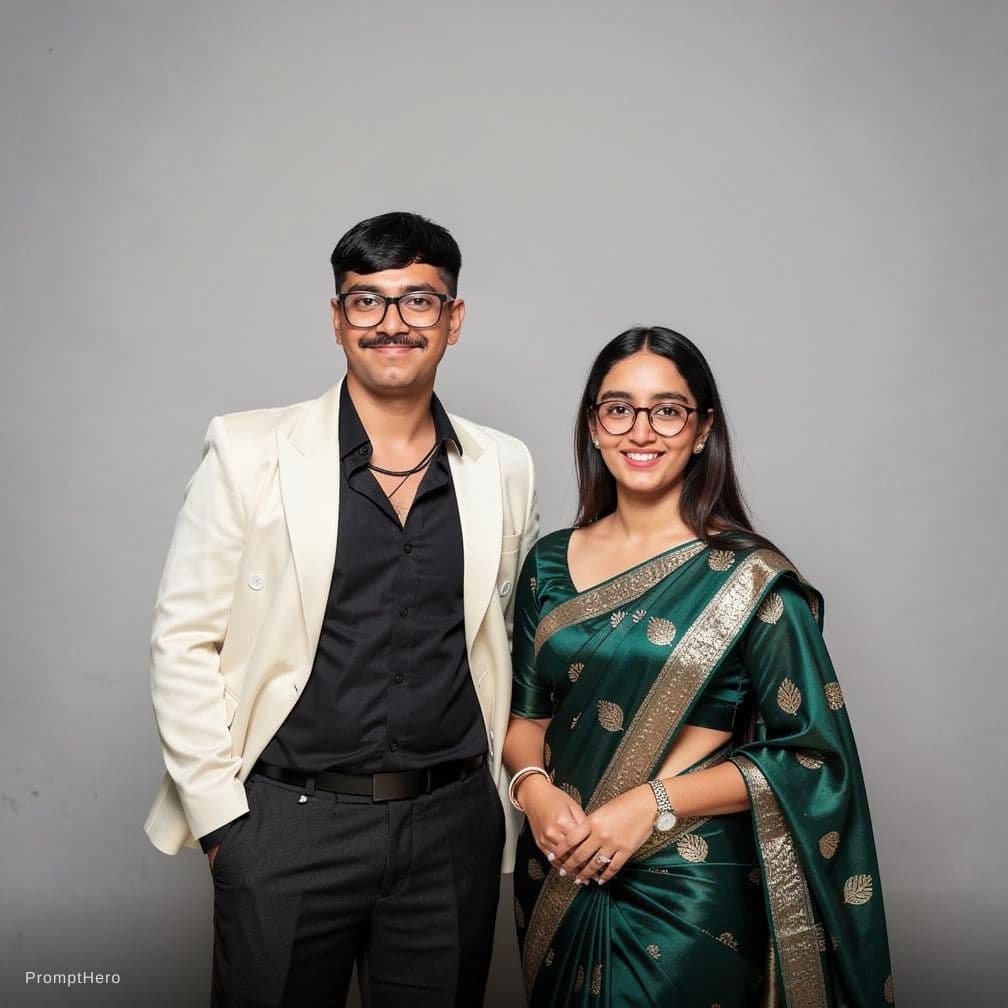 AI generated: Make a couple photo for the given pictures for formal dress and girl wearing saree do not change and...
