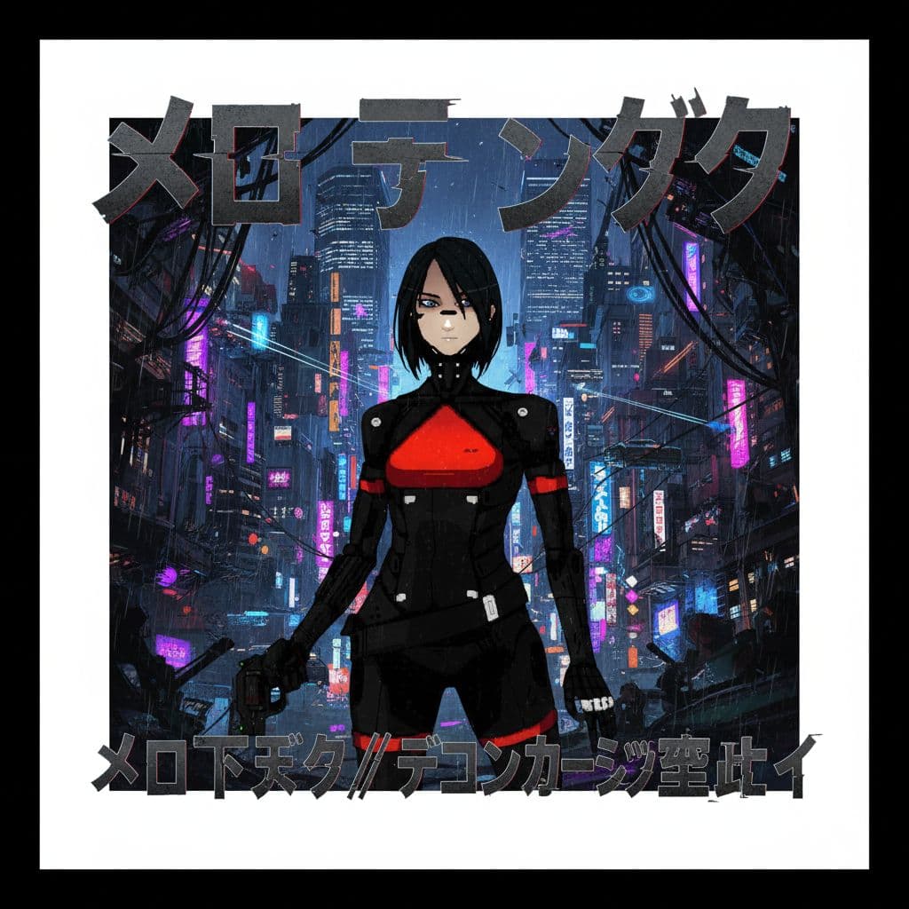 AI generated: Large white border all round. Overlay Japanese type. A poster with of girl in tokyo, cyberpunk art b...
