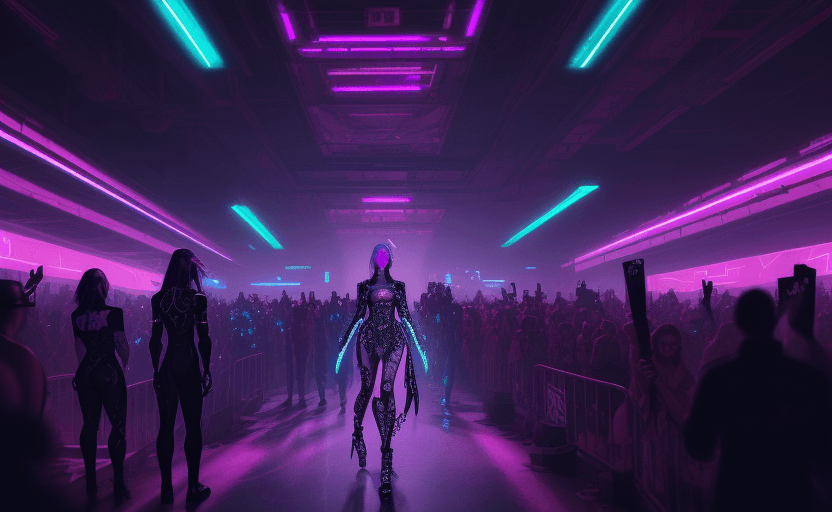 AI generated: cyberpunk fashion show featuring rejected mascots, digital painting, masterpiece, intricate detail, ...