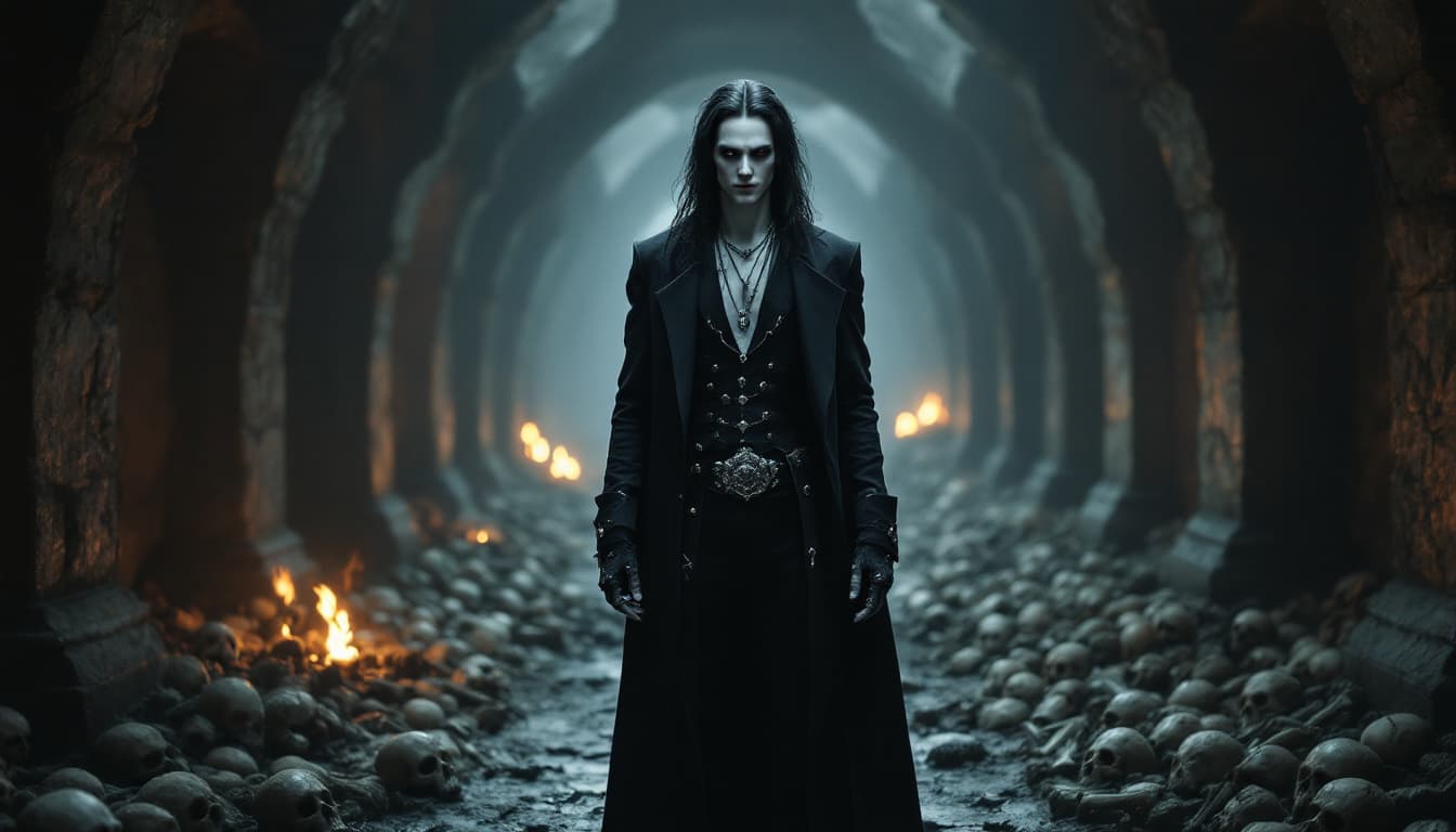 AI generated: A full body shot of a pale-skinned man, around 27 years old, with long dark hair, dressed in a dark ...