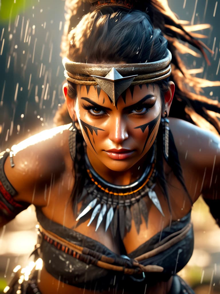 AI generated: Photo of a seductive Amazon warrior, hyper detail, intimate facial expression, handcrafted cloth wor...