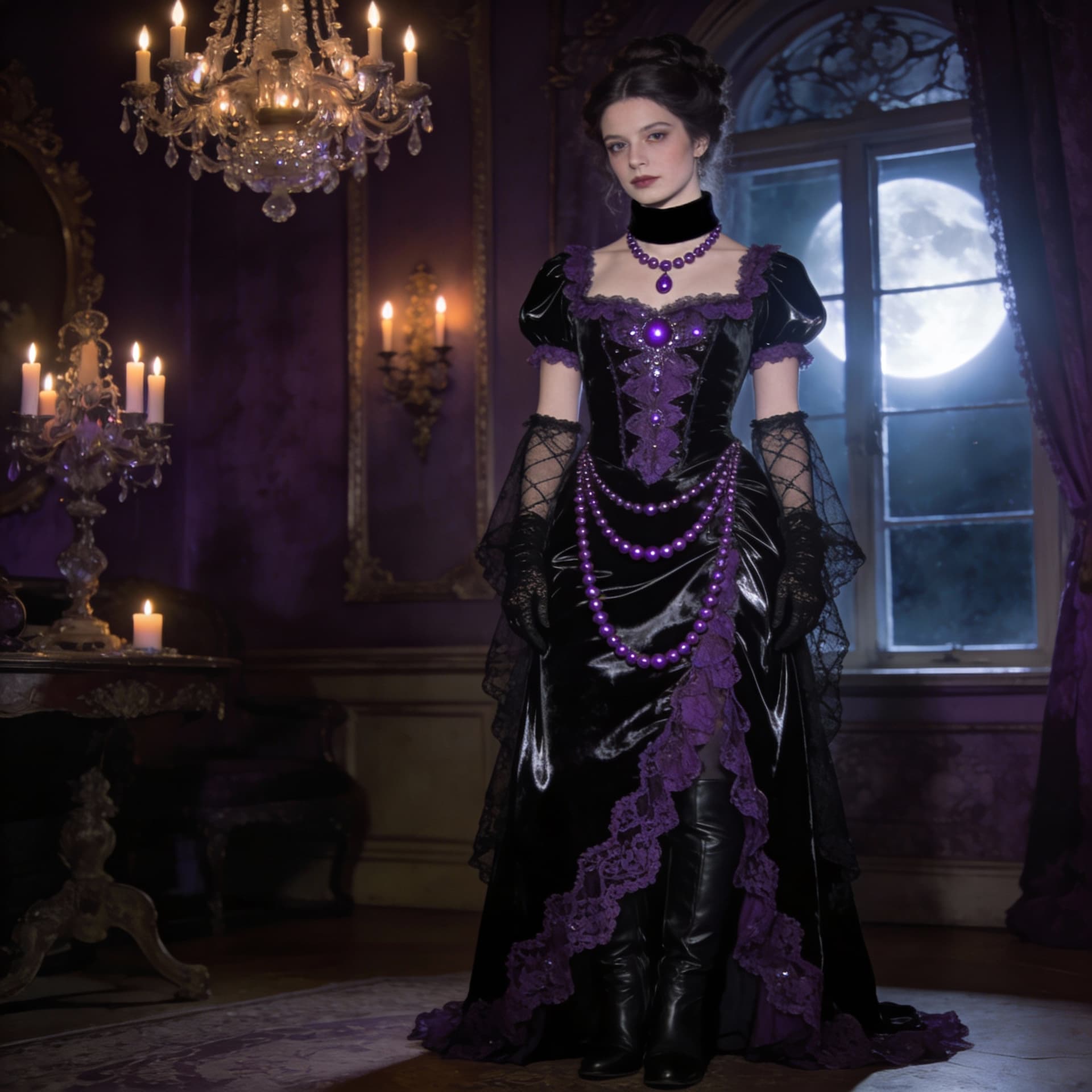 AI generated: victorian lady with black velvet wide necklace around neck in long shiny black dress decorated with ...