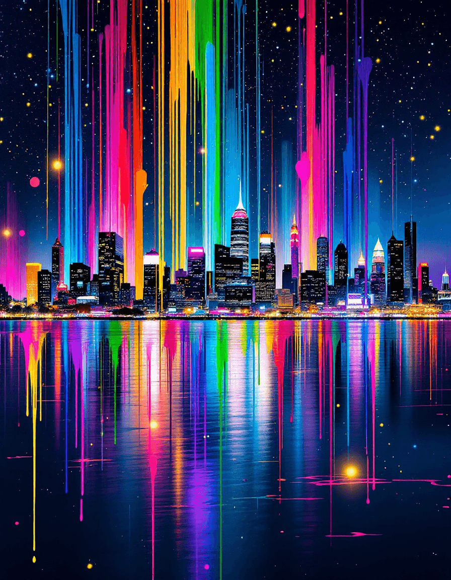 AI generated: A vibrant city skyline at night, illuminated by glowing neon lights reflecting beautifully off the w...