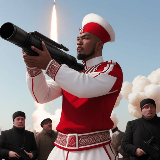 AI generated: cossack red and white clothing on a  ukrainian man shooting a rocket launcher at a black man who is ...