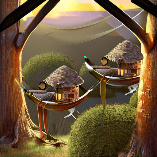 AI generated: valley, fairytale treehouse village covered, hammocks, debris, trash, matte painting, highly detaile...