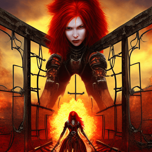 AI generated: the closed gates of hell, cybernetic warrior red haired goddess, apocalyptical world, --ar 9:16