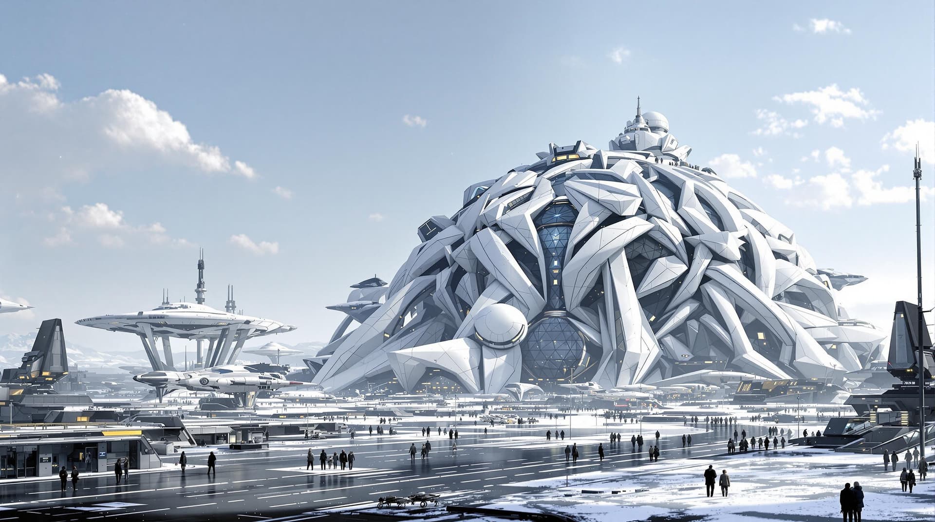 AI generated: A large spaceport with many spaceships parked, people walking around the area. In front of it is an ...