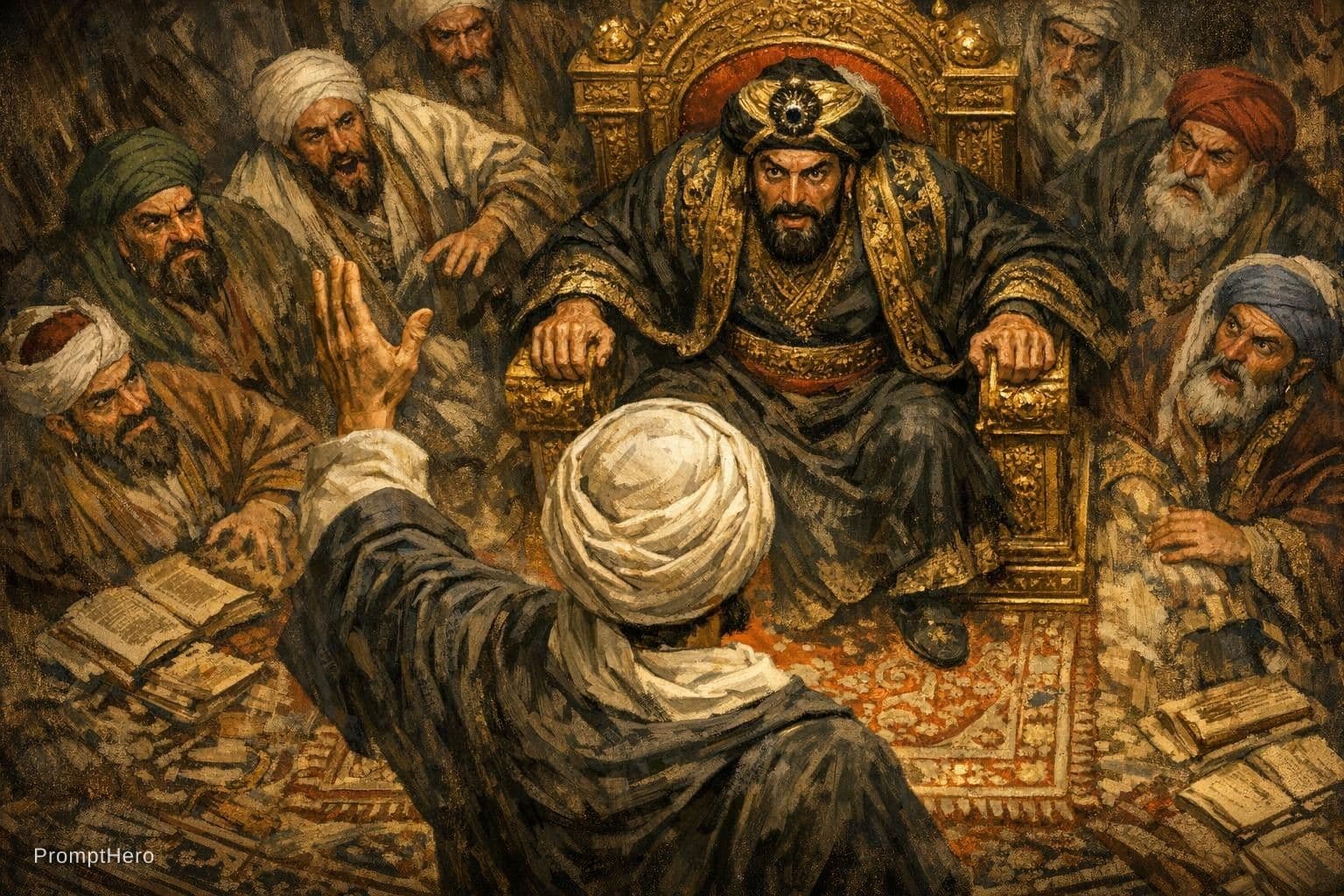 AI generated: Legendary cover picture art, imagine this, the mutanabi standing infront of the Abbasid khalif, the ...