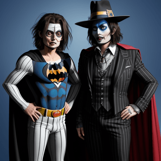 AI generated:  Beetlejuice in a batman costume meets johnny depp as a hippie superman